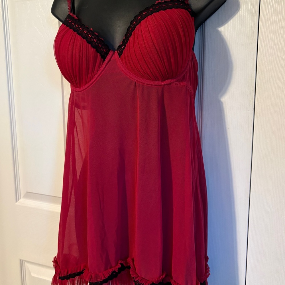 La Vie En Rose Red Sheer Babydoll with Black Trim